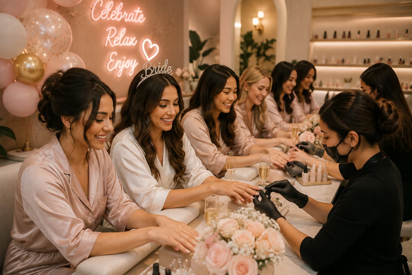 A bride and her bridal party enjoying manicures together during a private spa event, with a neon 'Celebrate Relax Enjoy' sign in the background