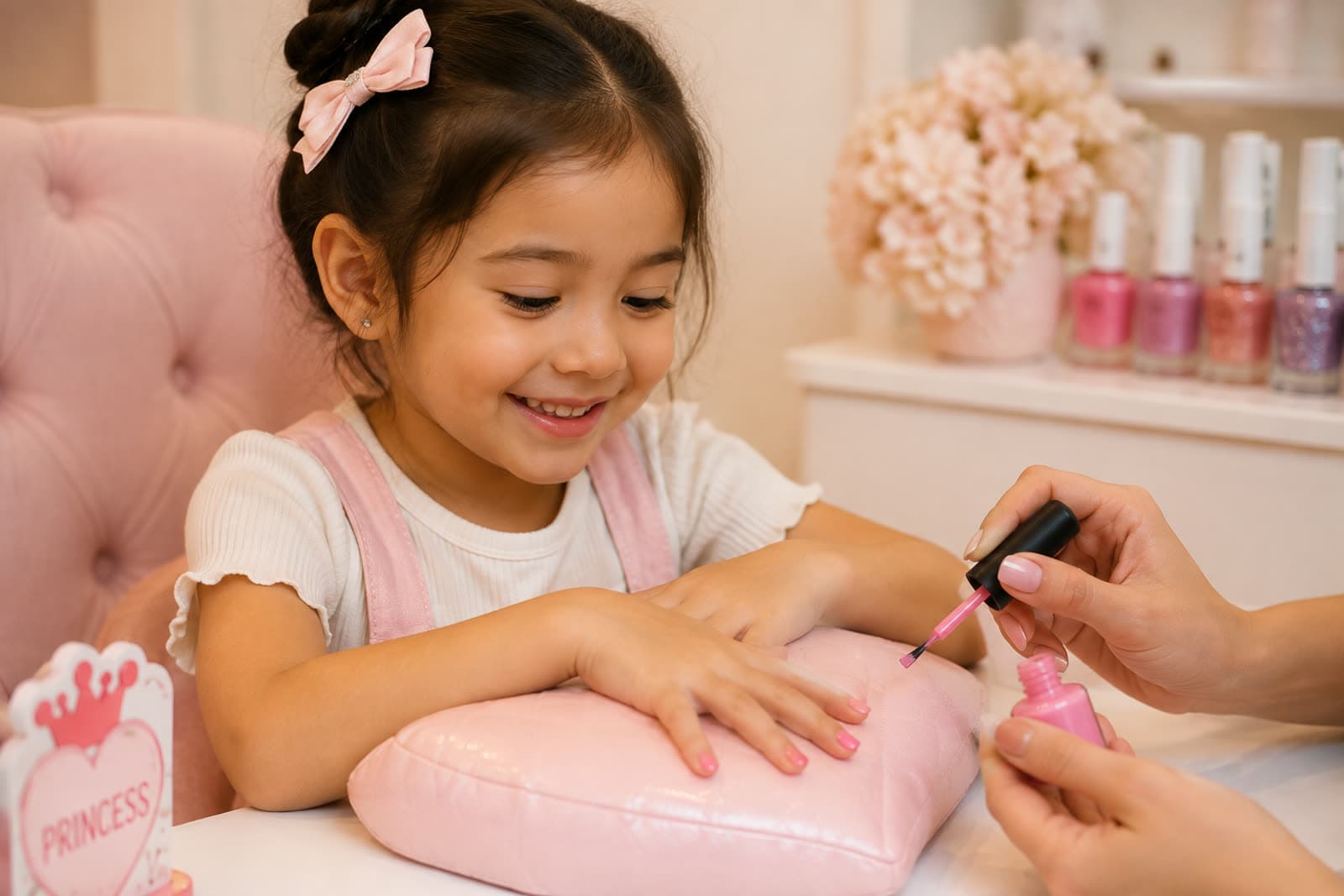 A smiling young girl having her nails painted pink at a kid-sized manicure station