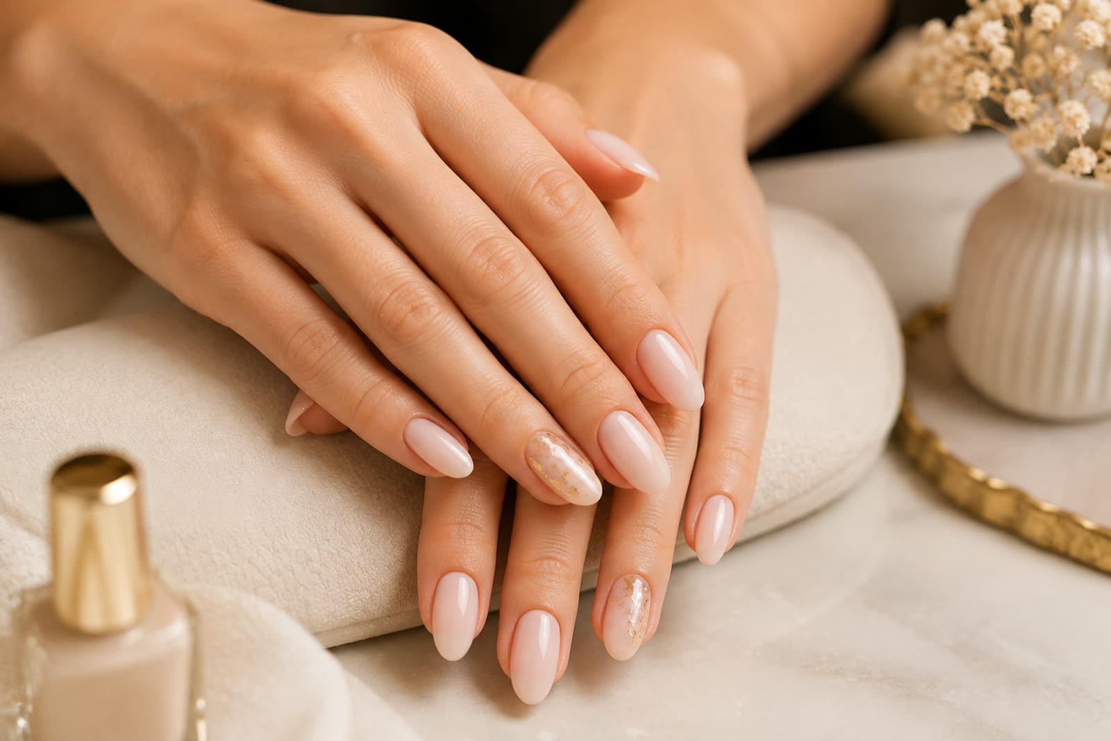 Two hands with a fresh nude manicure resting on a velvet cushion