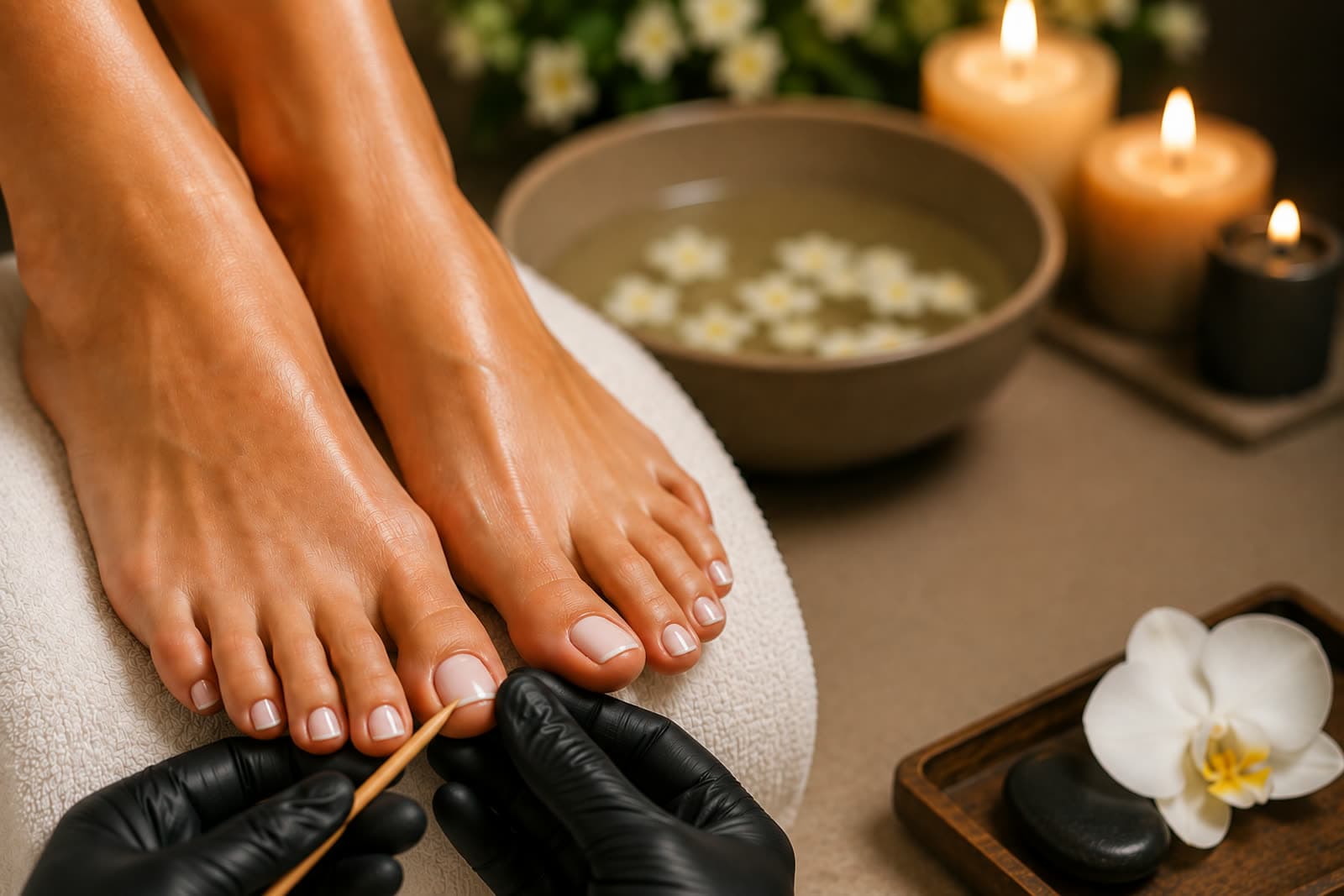 A pedicure in progress, feet resting on a towel beside a floral soaking bowl and candles