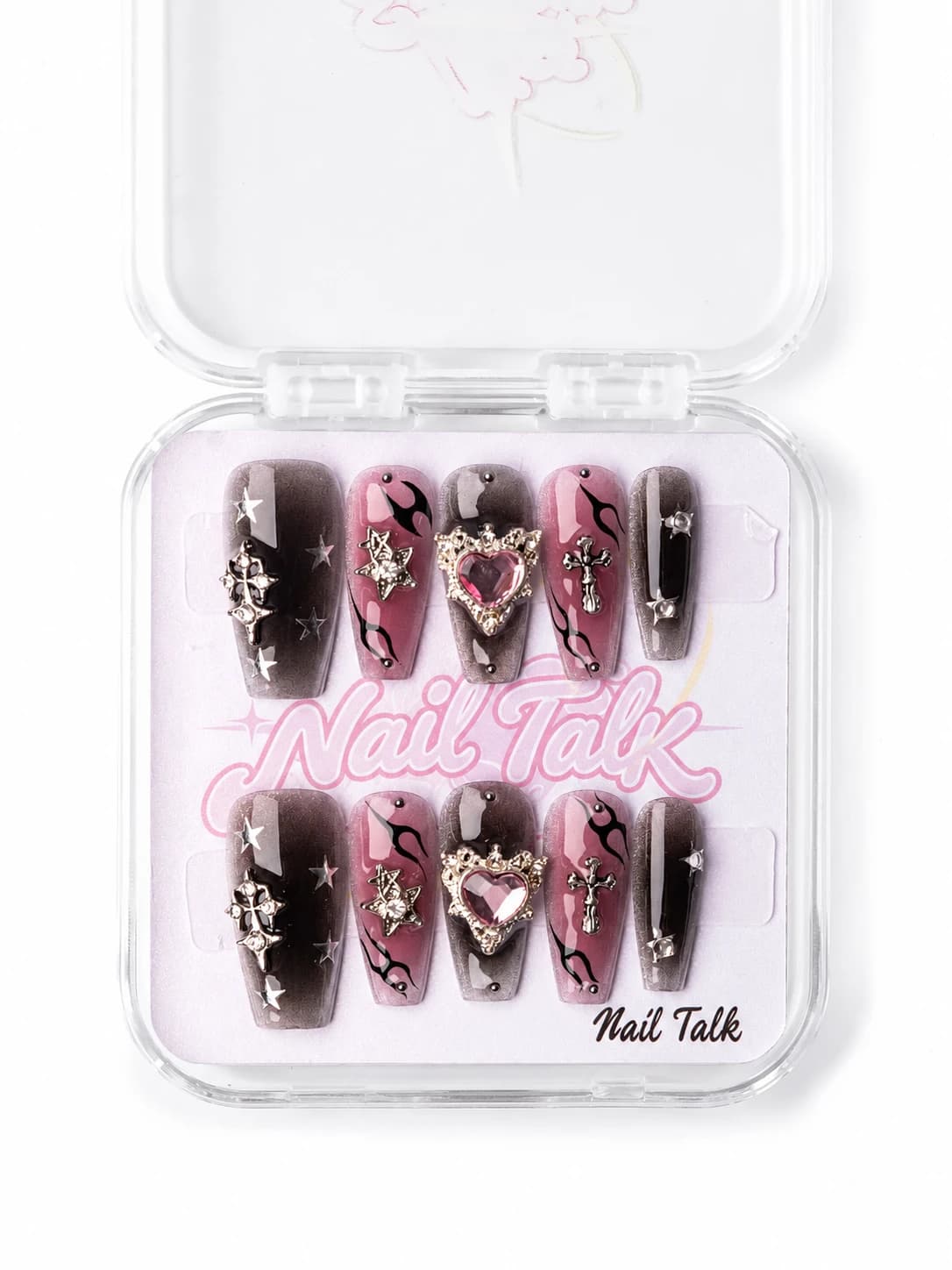 Black and pink coffin press-on nails with silver stars, crosses and a jeweled heart
