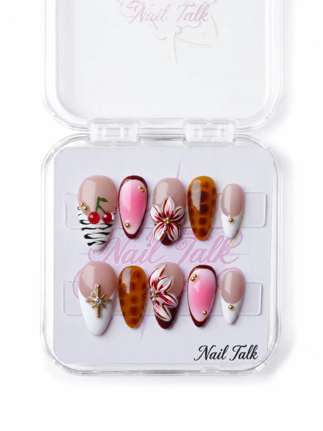 Almond press-on nails with zebra, cherry, red lily and leopard nail art