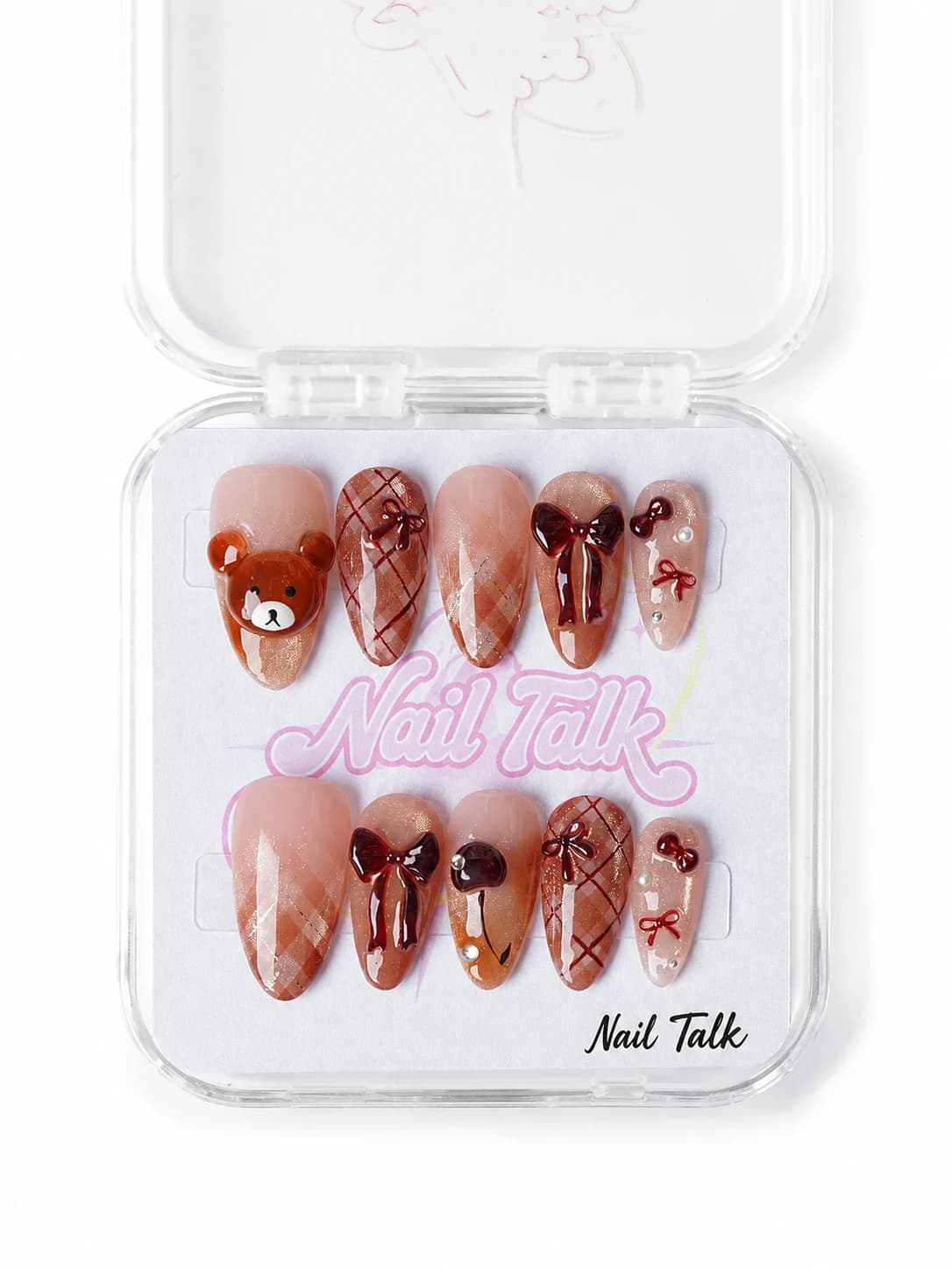 Brown plaid press-on nails with a 3D teddy bear and red bows